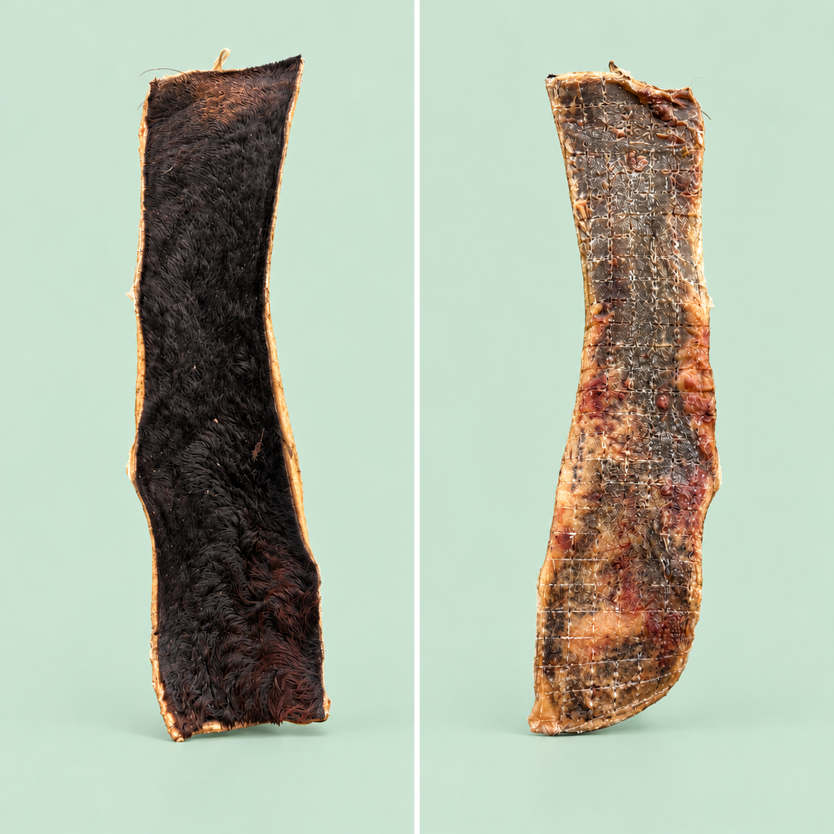 Las dos caras del Dental Chew: lado con pelo y lado de cuero