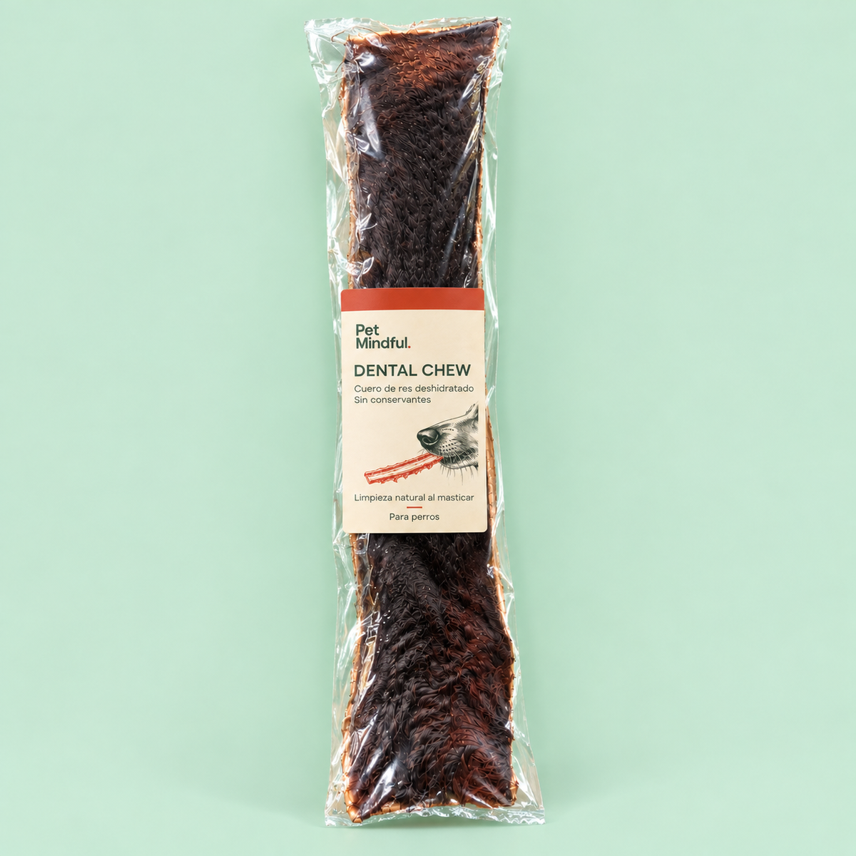 Dental Chew de cuero de vaca en su empaque Pet Mindful
