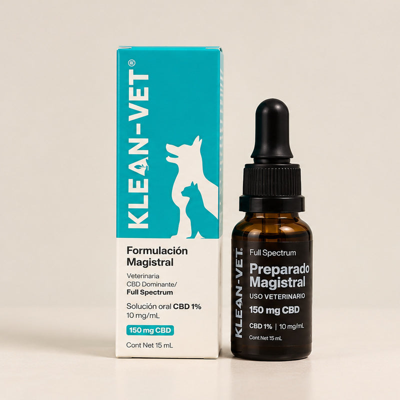 Caja y frasco de KLEAN-VET, formulación magistral veterinaria full spectrum de 15 mL con 150 mg de CBD