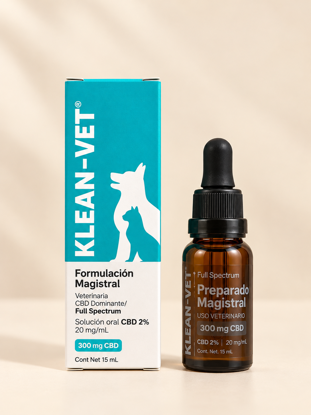 Caja y frasco de KLEAN-VET, formulación magistral veterinaria full spectrum de 15 mL